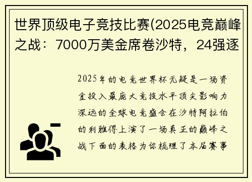 世界顶级电子竞技比赛(2025电竞巅峰之战：7000万美金席卷沙特，24强逐鹿利雅得)