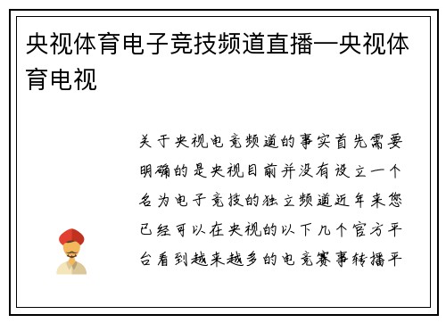 央视体育电子竞技频道直播—央视体育电视